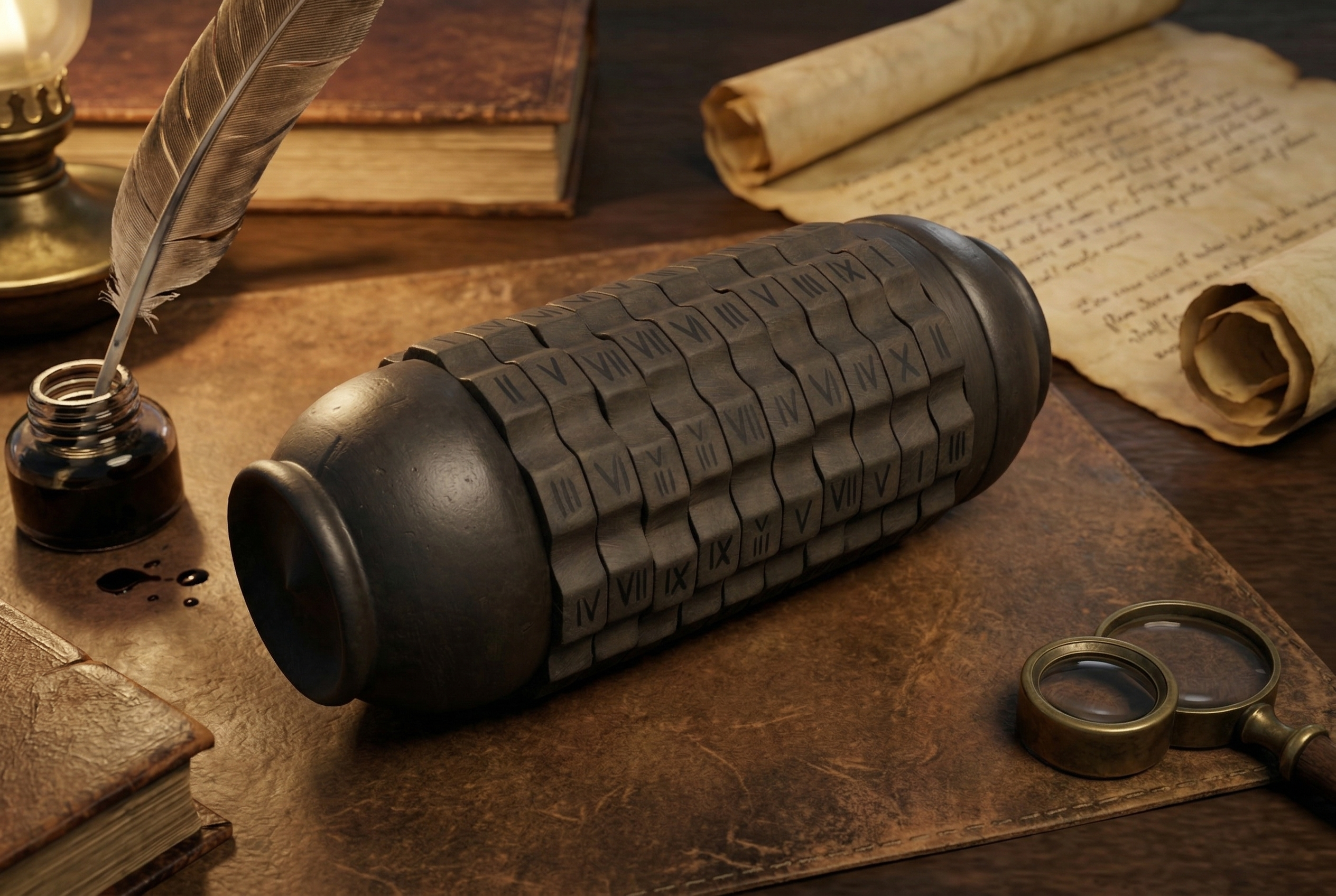 Cryptex — close-up with quill and scroll